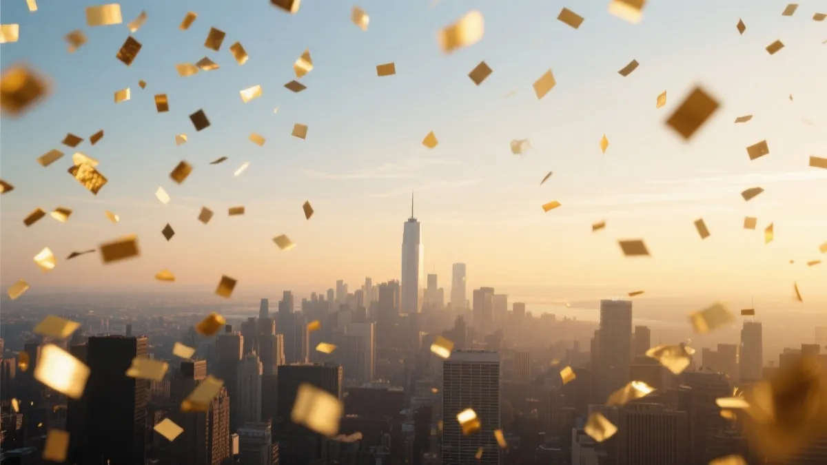 象征好运的金色纸屑与清晨天际线，寓意突如其来的惊喜与新开始